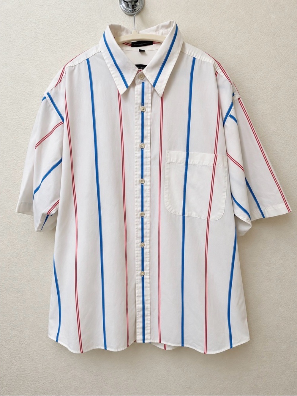 Men's Vintage Christian Dior White Short-Sleeve Striped Cotton Blend Shirt, L